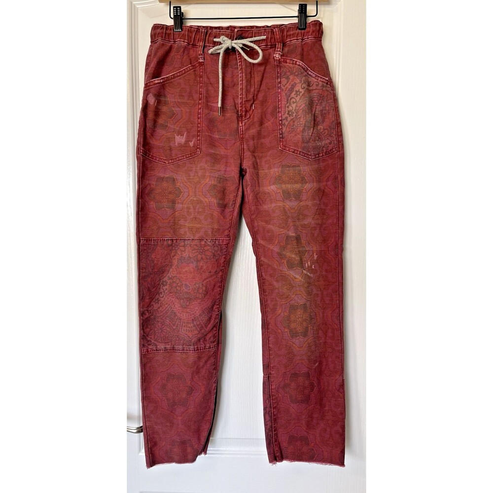 Pilcro NEW womens sleezy indie pattern magenta raw hem drawstring denim pants XS - Picture 2 of 9